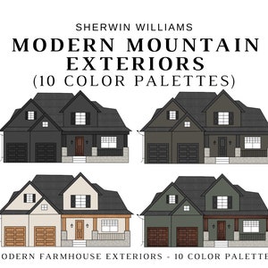 May include: Four illustrations of a modern house exterior with different color palettes. The house has a two-car garage, a front porch, and a second story. The color palettes include black, gray, green, brown, and beige.