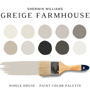 GREIGE FARMHOUSE Sherwin Williams Paint Palette, Greige Paint Colors, Modern Neutral Warm Gray Colors, Agreeable Gray, GREIGE Interior Color