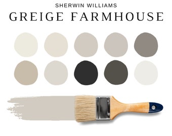 GREIGE FARMHOUSE Sherwin Williams Paint Palette, Greige Paint Colors, Modern Neutral Warm Gray Colors, Agreeable Gray, GREIGE Interior Color