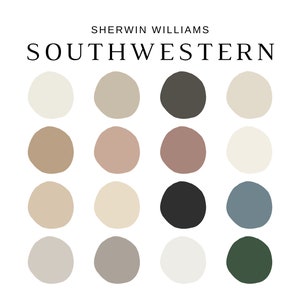 以下が含まれることがあります： 「Sherwin Williams」と「Southwestern」の文字が上部に配置された、サウスウェスタンをテーマにした16色のペイントカラーパレット。ベージュ、ブラウン、グレー、ブラック、ブルーの色合いが、白い背景にグリッド状に配置されています。