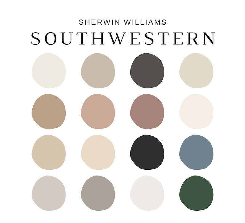 以下が含まれることがあります： 「Sherwin Williams」と「Southwestern」の文字が上部に配置された、サウスウェスタンをテーマにした16色のペイントカラーパレット。ベージュ、ブラウン、グレー、ブラック、ブルーの色合いが、白い背景にグリッド状に配置されています。