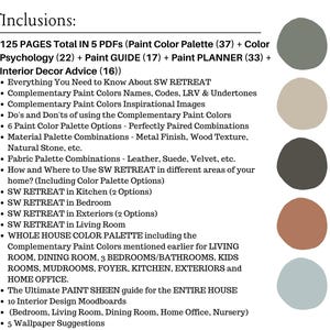 May include: A digital document titled "Inclusions" lists 125 pages in 5 PDFs, including paint color palettes, color psychology, and interior decor advice. The document also includes color palette options and moodboards, with a color palette of gray, beige, dark brown, rust, and light blue.