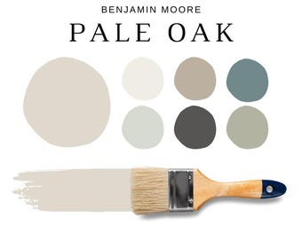 Benjamin Moore PALE OAK Color Palettes, Light Greige Paint, Pale Oak Coordinating Colors for Whole House, Warm Gray Paint Palettes, OC-20