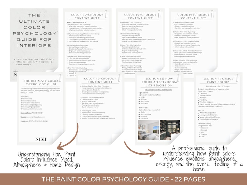 Może przedstawiać: Przewodnik zatytułowany "The Ultimate Color Psychology Guide for Interiors" z arkuszami treści. Przewodnik wyjaśnia, jak kolory farb wpływają na nastr&oacute;j, atmosferę i wystr&oacute;j domu. Przewodnik ma 22 strony.
