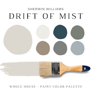 Sherwin Williams DRIFT OF MIST, Greige Paint Color, Interior Paint Palette, Modern Neutral House Paint, Modern Farmhouse Paint Colors