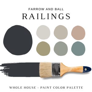以下が含まれることがあります： 「RAILINGS」と「FARROW AND BALL」の文字が入ったペイントカラーパレット。濃いグレーの円、他の6色のカラーサンプル、濃いグレーのペイントストロークの筆が含まれています。「WHOLE HOUSE - PAINT COLOR PALETTE」の文字が下にあります。