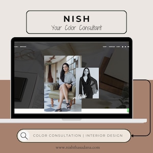 May include: A laptop screen displays a website with the text "NISH Your Color Consultant." The website features images of a woman and the search bar text reads "COLOR CONSULTATION | INTERIOR DESIGN."