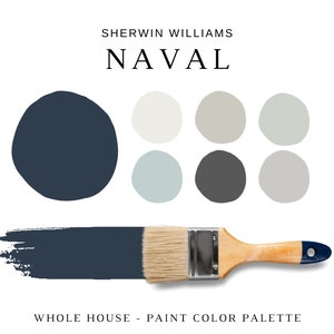 Sherwin Williams NAVAL Color Palette, Modern Interior Paint Palette, SW Naval Blue Whole House Color Palette, Sherwin Williams Dark Blue