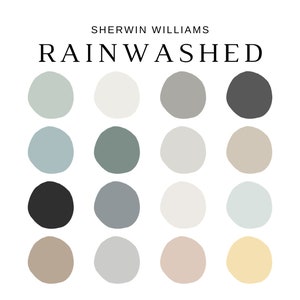 Puede incluir: Sobre un fondo blanco, el texto "SHERWIN WILLIAMS RAINWASHED" corona una cuadr&iacute;cula de diecis&eacute;is muestras de color de forma irregular. Las muestras son en tonos de gris, azul, verde, beige y negro.