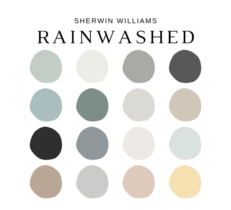 Puede incluir: Sobre un fondo blanco, el texto "SHERWIN WILLIAMS RAINWASHED" corona una cuadr&iacute;cula de diecis&eacute;is muestras de color de forma irregular. Las muestras son en tonos de gris, azul, verde, beige y negro.