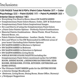Puede incluir: Una gu&iacute;a digital de dise&ntilde;o de interiores con una lista de inclusiones, que incluyen paletas de colores de pintura, psicolog&iacute;a del color y consejos de decoraci&oacute;n de interiores. La gu&iacute;a presenta informaci&oacute;n sobre los colores de pintura SW Rainwashed e incluye moodboards y sugerencias de papel tapiz. Se muestra una paleta de colores.