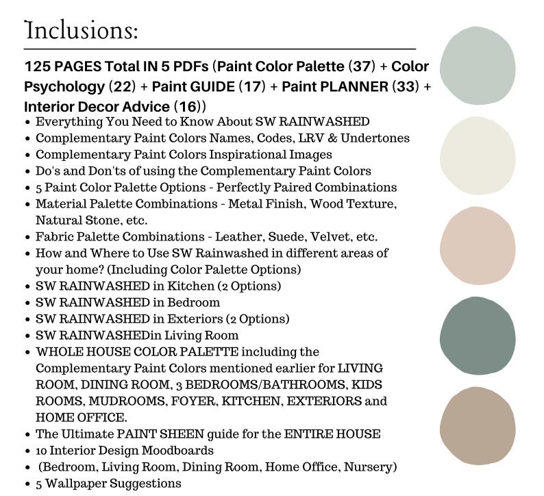 Puede incluir: Una gu&iacute;a digital de dise&ntilde;o de interiores con una lista de inclusiones, que incluyen paletas de colores de pintura, psicolog&iacute;a del color y consejos de decoraci&oacute;n de interiores. La gu&iacute;a presenta informaci&oacute;n sobre los colores de pintura SW Rainwashed e incluye moodboards y sugerencias de papel tapiz. Se muestra una paleta de colores.