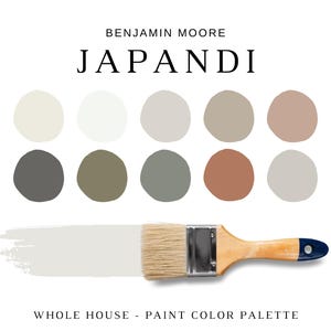 May include: A paint color palette labeled "Japandi" by Benjamin Moore. The palette features ten circular color swatches in neutral tones, a paintbrush, and the text "Whole House - Paint Color Palette."