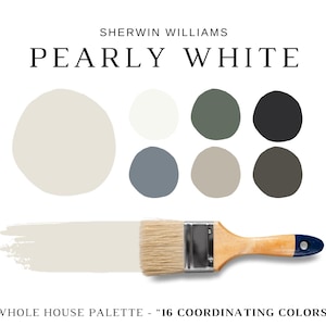 Pode incluir: Uma paleta de cores de tinta "Pearly White" da Sherwin Williams. A imagem inclui um pincel com uma pincelada da cor, juntamente com 6 cores coordenadas. O texto diz "Whole House Palette - 16 Coordinating Colors."