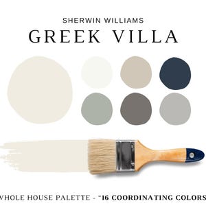 以下が含まれることがあります： Sherwin Williamsの「Greek Villa」という名前のペイントカラーパレット。画像には、オフホワイトのペイントストロークが付いたペイントブラシと、白、グレー、ネイビーの色合いの円形のカラーサンプルがいくつか表示されています。テキストには「Whole House Palette - 16 Coordinating Colors」と書かれています。