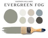 EVERGREEN FOG Color Palette, Evergreen Fog Kitchen, Sherwin Williams 2022 Color of the Year, Kitchen Cabinet Colors, Bestselling Neutrals