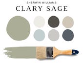 Sherwin Williams CLARY SAGE Color Palette, Sage Green Color Palette, Clary Sage Cabinets, Whole House Paint Color Palette, Green Cabinets