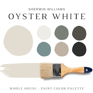 Paleta kolorów Sherwin Williams OYSTER WHITE, kolory koordynujące SW Oyster White, ciepła biel na cały dom, jasny beż Sherwin Williams