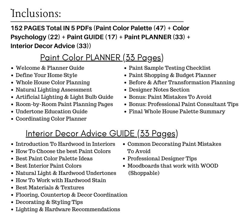 May include: A list of inclusions for a paint color and interior decor guide. The guide includes 152 pages in 5 PDFs, covering paint color palettes, color psychology, paint guides, paint planners, and interior decor advice.