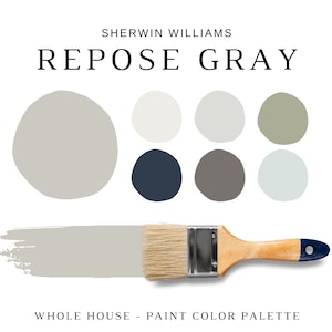 Sherwin Williams REPOSE GRAY Color Palette, Repose Gray Exterior Paint Color, Repose Gray Kitchen Cabinets, Whole House Color Scheme, GREIGE