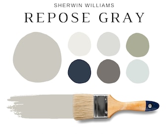Sherwin Williams REPOSE GRAY Color Palette, Repose Gray Exterior Paint Color, Repose Gray Kitchen Cabinets, Whole House Color Scheme, GREIGE