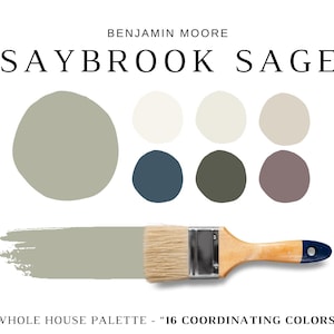 May include: A color palette graphic for Benjamin Moore's "Saybrook Sage" paint. The image features a paint brush with a sage green stroke, color swatches, and the text "Whole House Palette - 16 Coordinating Colors."