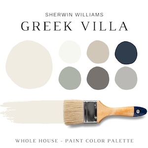 Sherwin Williams GREEK VILLA Paint Palette, Cabin Paint Colors, Sherwin Williams Best Selling Colors, Coordinating Paint Colors for Rooms