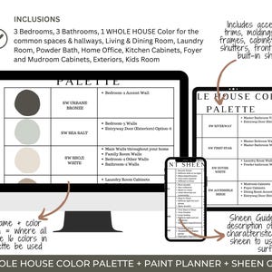 May include: A digital design featuring a whole house color palette, paint planner, and sheen guide. The design includes a computer monitor, tablet, and smartphone displaying color schemes and paint information. The text includes "Inclusions" and "Palette".