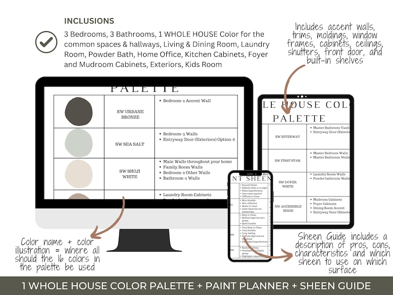 May include: A digital design featuring a whole house color palette, paint planner, and sheen guide. The design includes a computer monitor, tablet, and smartphone displaying color schemes and paint information. The text includes "Inclusions" and "Palette".