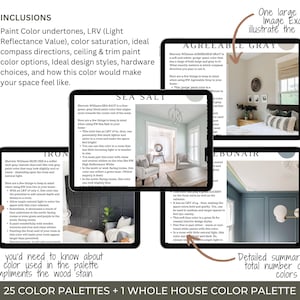 May include: A digital display showcasing paint color palettes. The image includes text about paint color undertones, LRV, color saturation, and design styles. It features examples of paint colors like Agreeable Gray and Sea Salt.