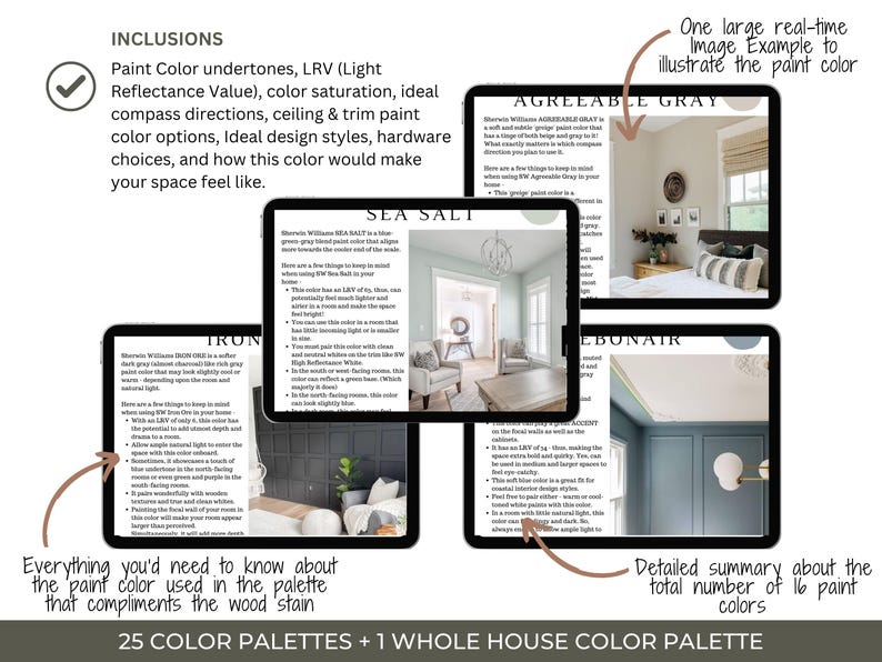 May include: A digital display showcasing paint color palettes. The image includes text about paint color undertones, LRV, color saturation, and design styles. It features examples of paint colors like Agreeable Gray and Sea Salt.