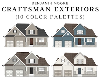 CRAFTSMAN EXTERIOR Benjamin Moore Color Palette, Craftsman Exterior Paint Color, Craftsman Bungalow Colors, Craftsman Design, Curb Appeal