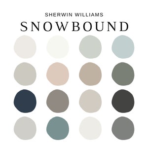 Może przedstawiać: Paleta kolor&oacute;w z szesnastoma r&oacute;żnymi kolorami farb w r&oacute;żnych neutralnych odcieniach. Logo Sherwin Williams i słowo "SNOWBOUND" znajdują się u g&oacute;ry obrazu.