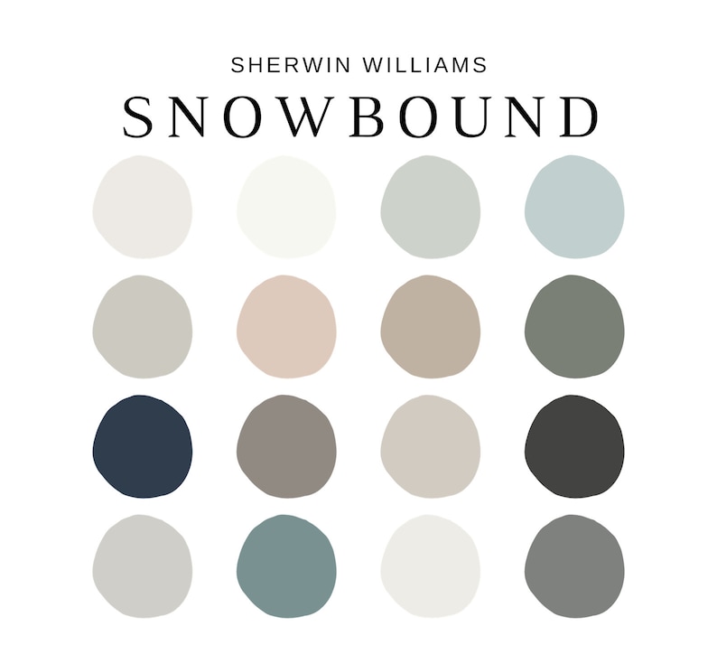 Może przedstawiać: Paleta kolor&oacute;w z szesnastoma r&oacute;żnymi kolorami farb w r&oacute;żnych neutralnych odcieniach. Logo Sherwin Williams i słowo "SNOWBOUND" znajdują się u g&oacute;ry obrazu.