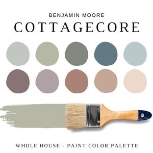 May include: A whole house paint colour palette, featuring 10 Benjamin Moore paint colours in a cottagecore style. The colours are arranged in two rows of five, with a paintbrush in the bottom right corner. The colours are: Pale Green, Light Green, Green, Blue, Light Blue, Grey, Purple, Brown, Beige, and Light Beige.