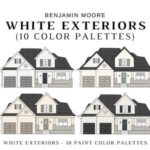 WHITE EXTERIOR Benjamin Moore Color Palette, Modern BM Exterior Paint, Exterior Home Color Scheme, Exterior Design, Exterior House Palette