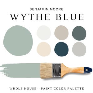 Benjamin Moore WYTHE BLUE Color Palettes, Coastal Color Scheme, Wythe Blue Coordinating Colors for Whole House, Modern Coastal Paint Palette