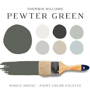 May include: A paint color palette featuring Sherwin Williams Pewter Green, a dark green color. The palette includes six colors: a dark green, a white, a black, a light gray, a beige, and a light blue. The image also includes a paint brush.