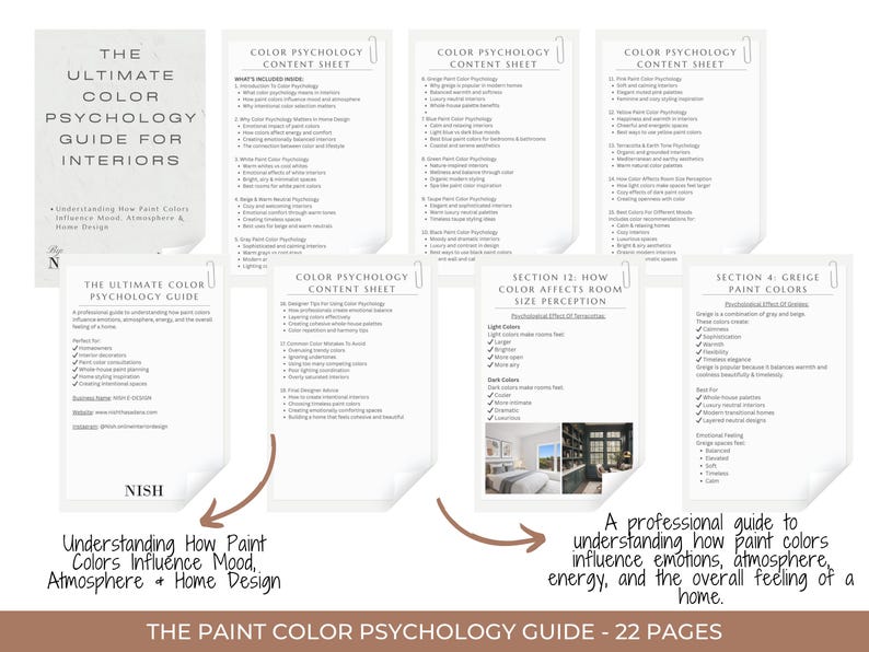 May include: A guide titled "The Ultimate Color Psychology Guide for Interiors" with content sheets. The guide explains how paint colors influence mood, atmosphere, and home design. The guide is 22 pages long.