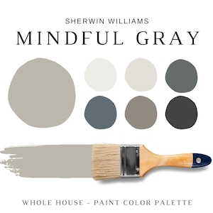 Sherwin Williams MINDFUL GRAY Coordinating Colors for the WHOLE House, Mindful Gray Color Palette, Greige Paint Colors, Greige Cabinets