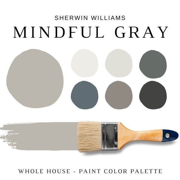 Sherwin Williams MINDFUL GRAY Coordinating Colors for the WHOLE House, Mindful Gray Color Palette, Greige Paint Colors, Greige Cabinets