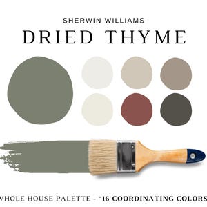 May include: A paint colour palette featuring the colour "Dried Thyme" by Sherwin Williams. The image includes a paint swatch, a paint brush, and a selection of coordinating colours. Text on the image reads "Whole House Palette - 16 Coordinating Colours."