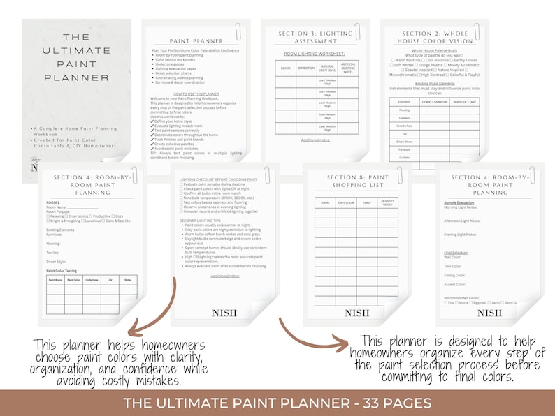 May include: A complete home paint planning workbook titled "The Ultimate Paint Planner" with 33 pages. The planner includes sections on lighting assessment, color vision, and room-by-room planning. The text on the planner says it helps homeowners choose paint colors with clarity and confidence.