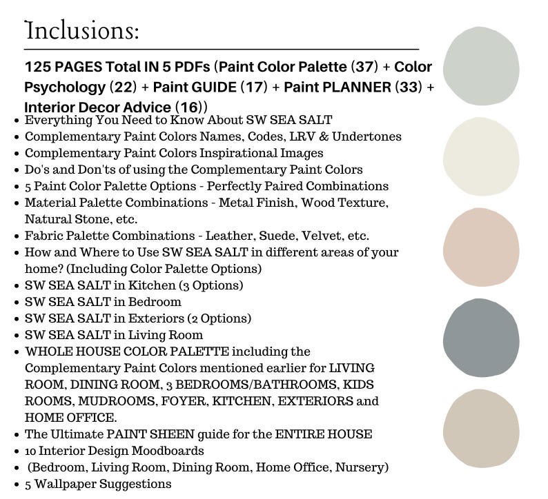 Puede incluir: Imagen que detalla las inclusiones para el dise&ntilde;o de interiores, como paletas de colores de pintura y gu&iacute;as. El texto va acompa&ntilde;ado de una paleta de colores de cinco muestras de pintura circulares en tonos grises, beige y topo.