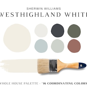 May include: A paint color palette from Sherwin Williams, featuring the color "Westhighland White" and 16 coordinating colors. A paintbrush is shown with a stroke of the Westhighland White color. The text "Whole House Palette - 16 Coordinating Colors" is at the bottom.