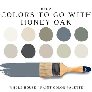 Może przedstawiać: Paleta kolorów farb z tekstem "COLORS TO GO WITH HONEY OAK" i "WHOLE HOUSE - PAINT COLOR PALETTE". Paleta zawiera dziesięć próbek kolorów i pędzel z niebieskim pociągnięciem pędzla.