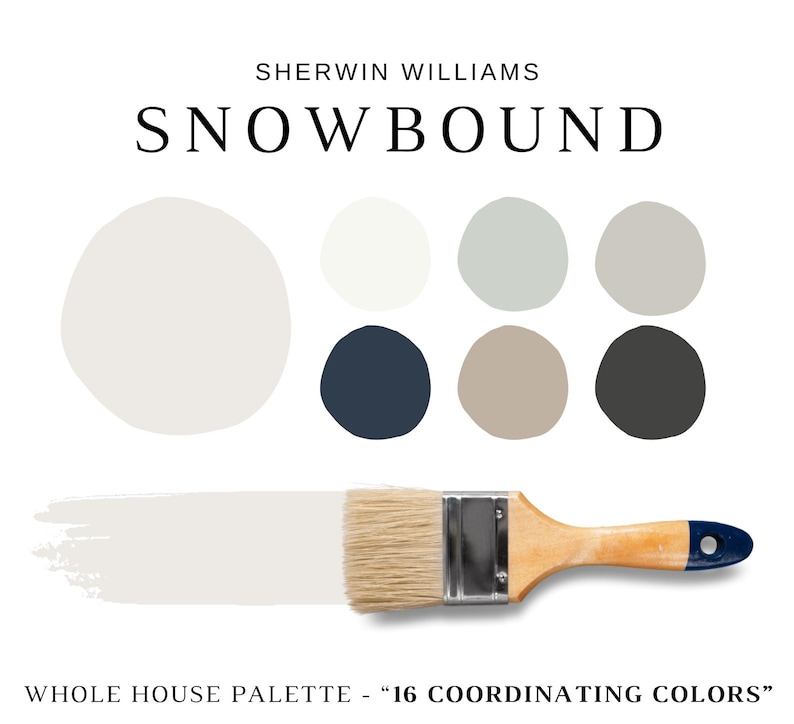 Może przedstawiać: Paleta kolor&oacute;w farb z tekstem "SHERWIN WILLIAMS SNOWBOUND". Obraz przedstawia pędzel z białym pociągnięciem farby i kolekcję pr&oacute;bek farb w r&oacute;żnych neutralnych kolorach, w tym białym, szarym i granatowym. Obecny jest r&oacute;wnież tekst "WHOLE HOUSE PALETTE - 16 COORDINATING COLORS".