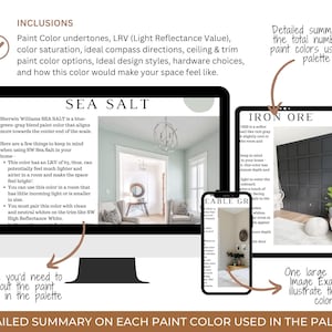 May include: A digital display shows paint color information, including "Sea Salt" and "Iron Ore." The image includes a computer monitor, tablet, and smartphone, all displaying paint color details, with text describing color undertones and design styles.