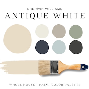Sherwin Williams ANTIQUE WHITE Paint Palette, Interior Colors, 2023 Top Colors, Sherwin Williams White, Home Color Scheme, Modern Home Color
