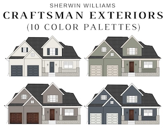 CRAFTSMAN EXTERIOR Sherwin Williams Color Palette, Craftsman Exterior Paint Color, Craftsman Bungalow Colors, Craftsman Design, Curb Appeal